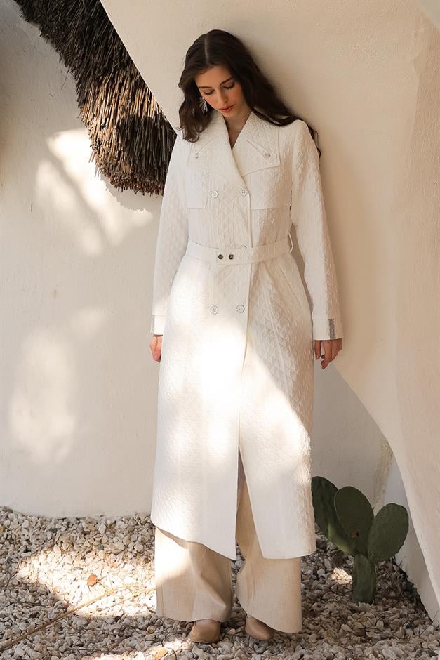 Quilted Patterned Lightweight Trench Coat with Metal Chain and Bead Detail IVORY 6704