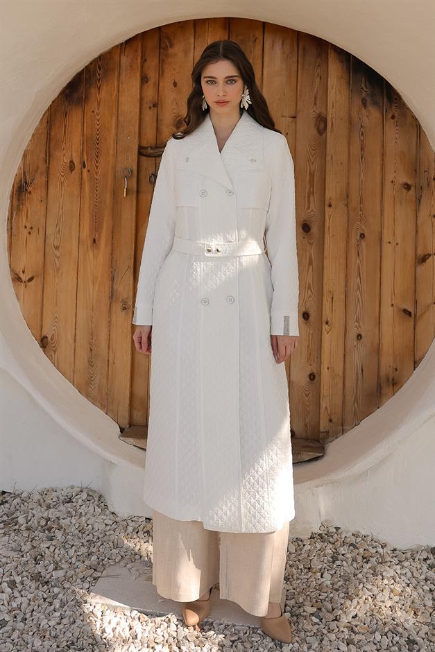 Quilted Patterned Lightweight Trench Coat with Metal Chain and Bead Detail IVORY 6704