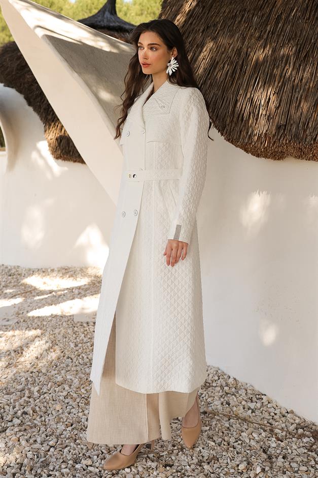 Quilted Patterned Lightweight Trench Coat with Metal Chain and Bead Detail IVORY 6704