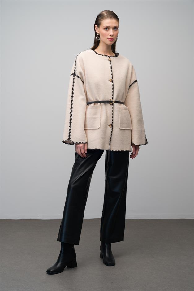Unlined Casual Coat with Embroidered Detail and Pocket Pocket IVORY 3077