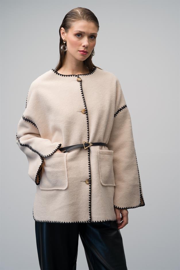 Unlined Casual Coat with Embroidered Detail and Pocket Pocket IVORY 3077