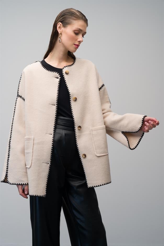 Unlined Casual Coat with Embroidered Detail and Pocket Pocket IVORY 3077