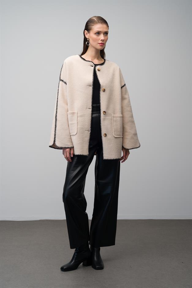 Unlined Casual Coat with Embroidered Detail and Pocket Pocket IVORY 3077
