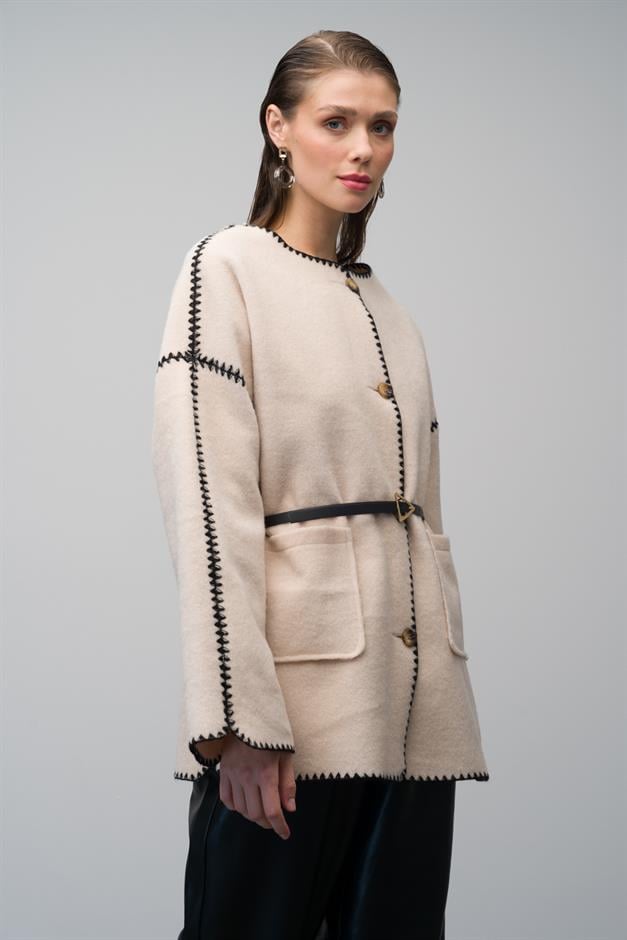 Unlined Casual Coat with Embroidered Detail and Pocket Pocket IVORY 3077