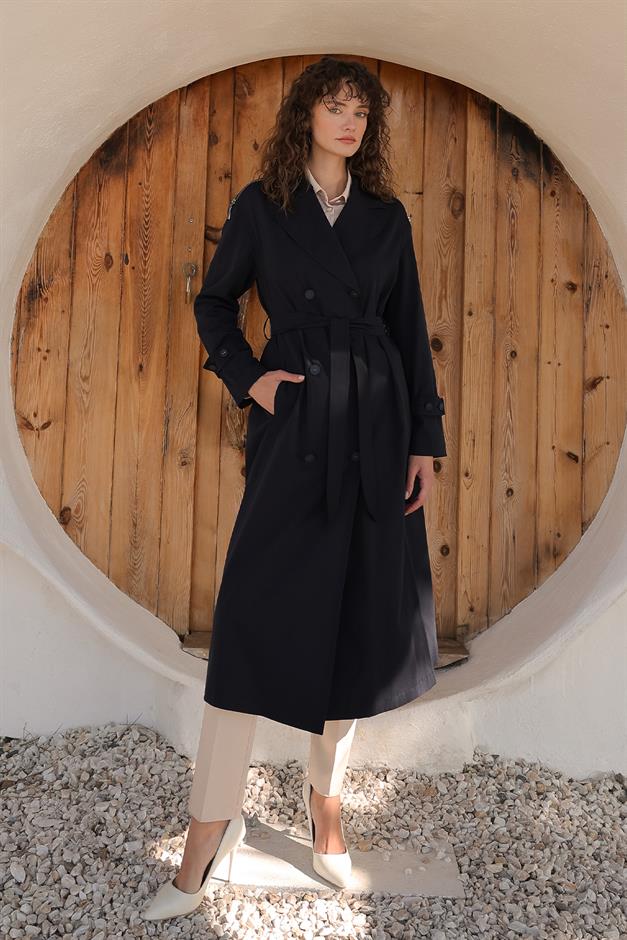 Oversize Unlined Trench Coat with Shoulder Zipper Accessory NAVY 6698