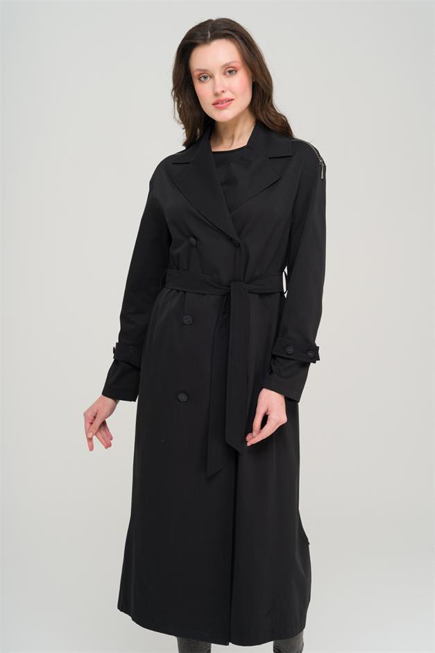 Oversize Unlined Trench Coat with Shoulder Zipper Accessory BLACK 6698