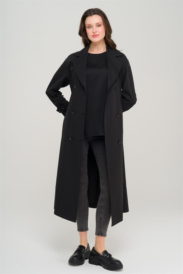 Oversize Unlined Trench Coat with Shoulder Zipper Accessory BLACK 6698