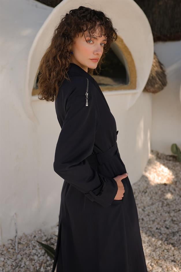 Oversize Unlined Trench Coat with Shoulder Zipper Accessory NAVY 6698