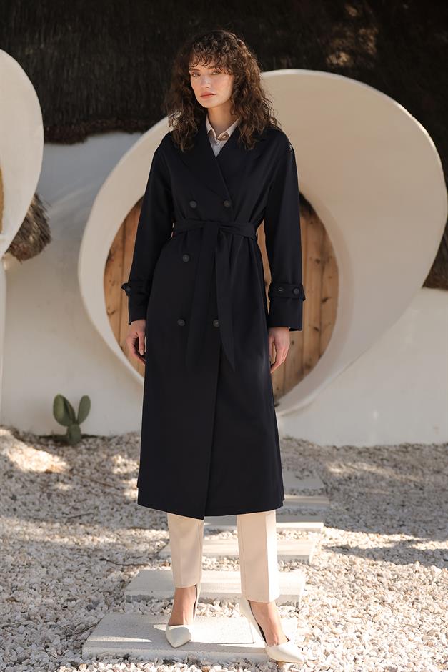 Oversize Unlined Trench Coat with Shoulder Zipper Accessory NAVY 6698
