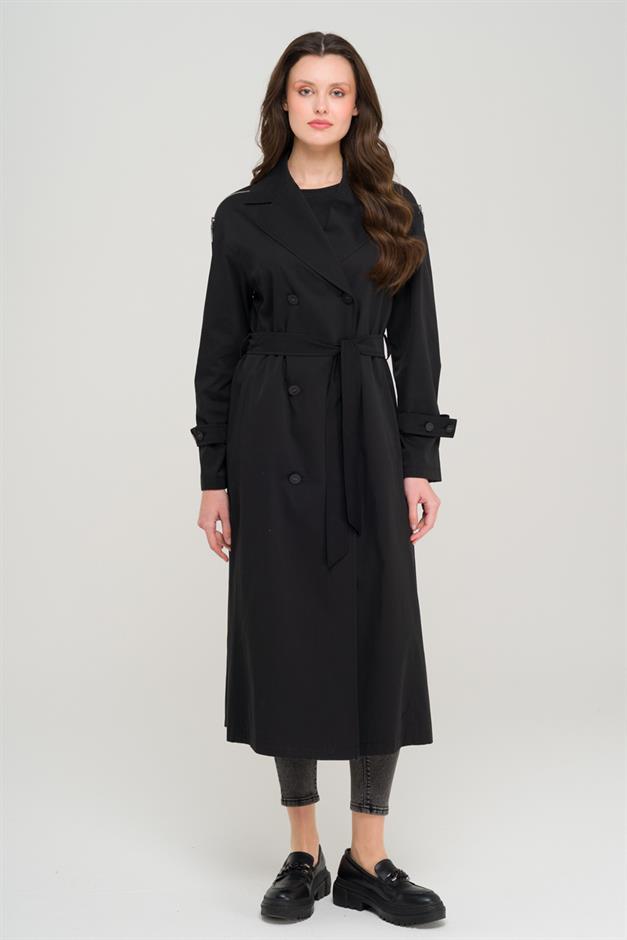 Oversize Unlined Trench Coat with Shoulder Zipper Accessory BLACK 6698