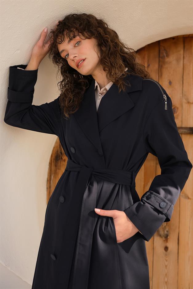 Oversize Unlined Trench Coat with Shoulder Zipper Accessory NAVY 6698