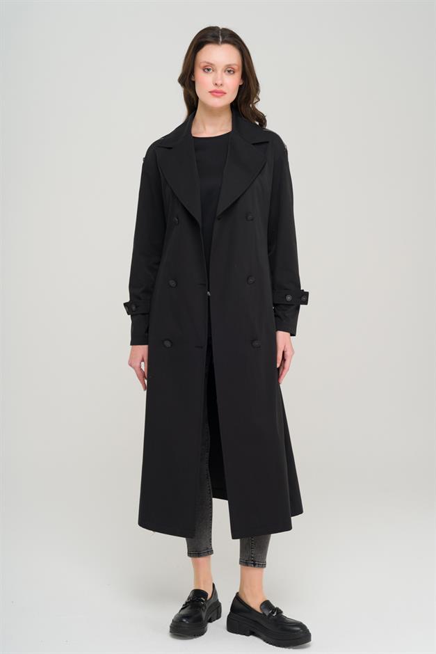 Oversize Unlined Trench Coat with Shoulder Zipper Accessory BLACK 6698
