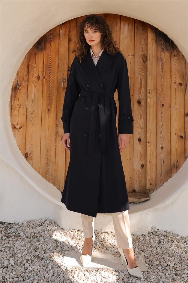 Oversize Unlined Trench Coat with Shoulder Zipper Accessory NAVY 6698