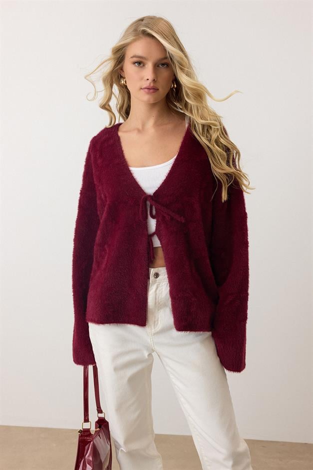 Front-Tie Soft Knit Cardigan CLARET RED 8267