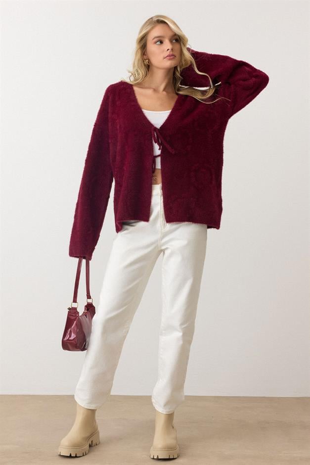 Front-Tie Soft Knit Cardigan CLARET RED 8267