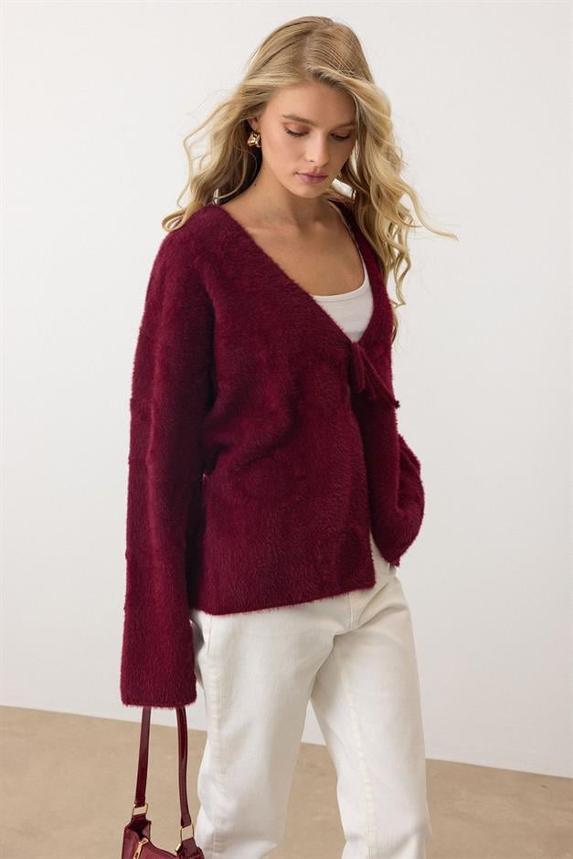 Front-Tie Soft Knit Cardigan CLARET RED 8267
