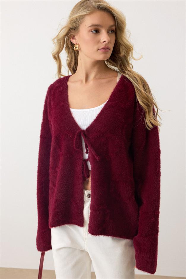 Front-Tie Soft Knit Cardigan CLARET RED 8267