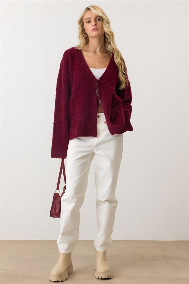 Front-Tie Soft Knit Cardigan CLARET RED 8267
