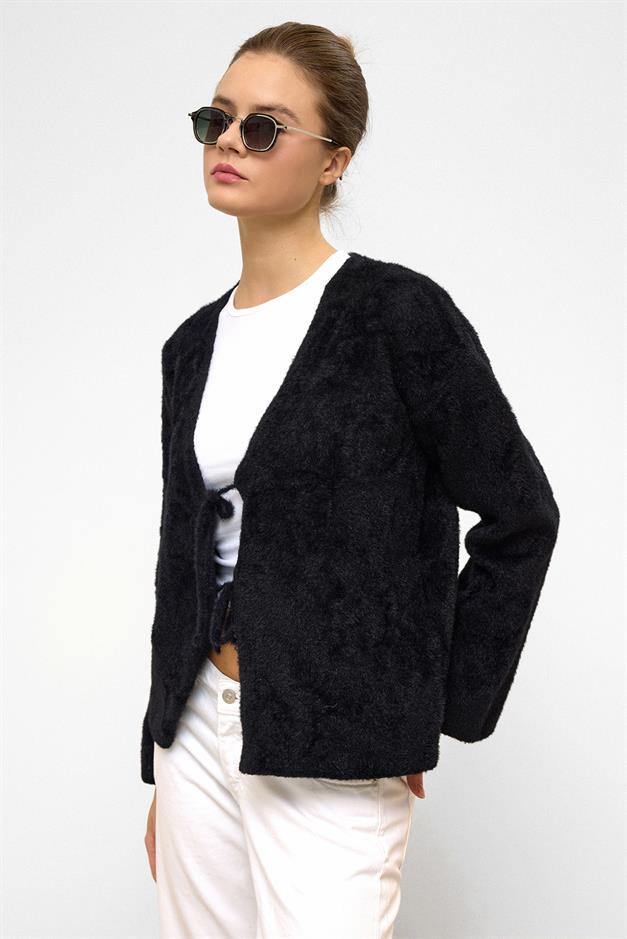 Front-Tie Soft Knit Cardigan BLACK 8267