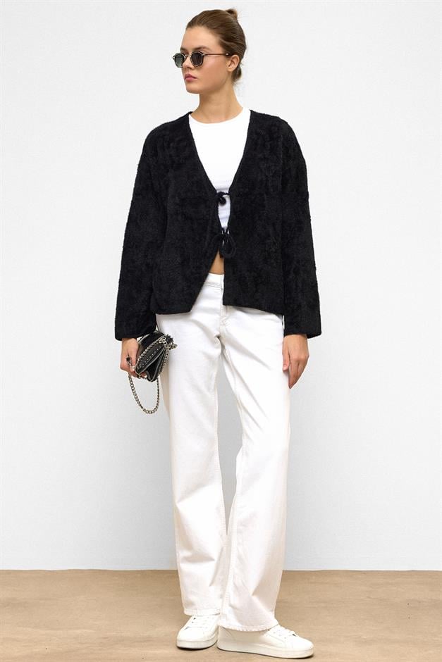 Front-Tie Soft Knit Cardigan BLACK 8267