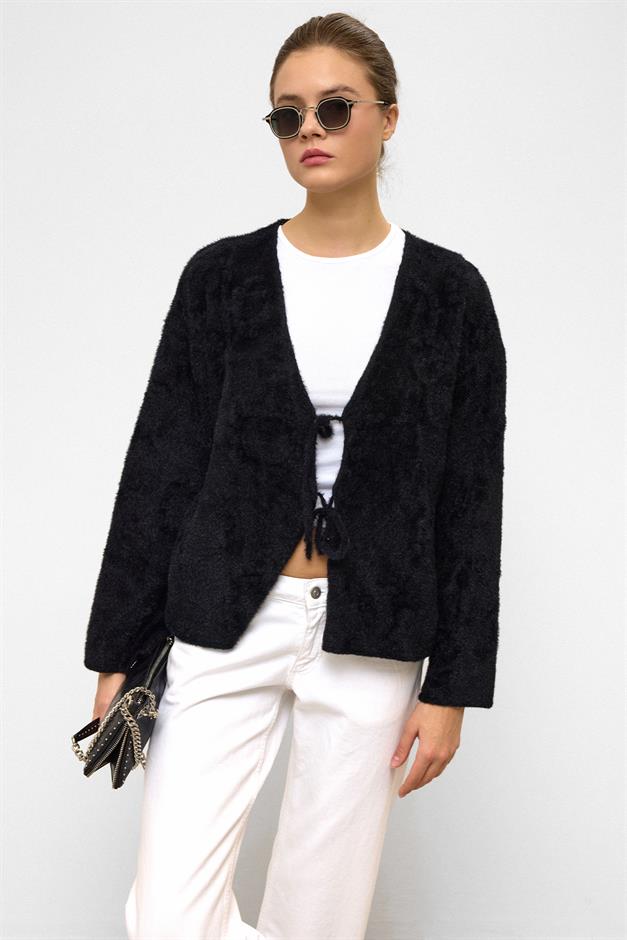 Front-Tie Soft Knit Cardigan BLACK 8267