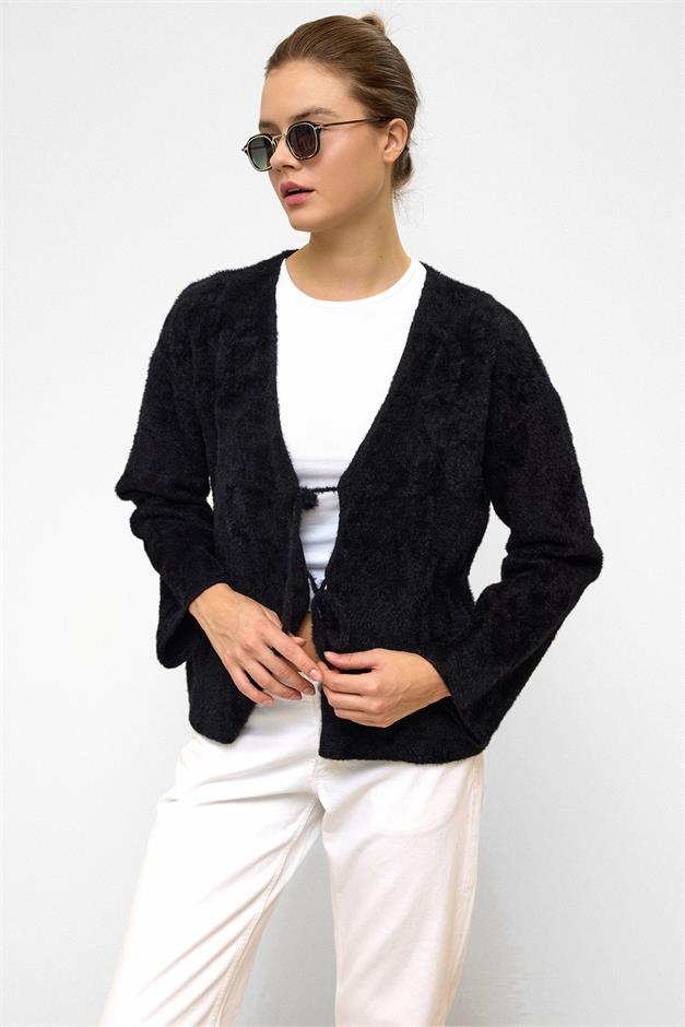 Front-Tie Soft Knit Cardigan BLACK 8267