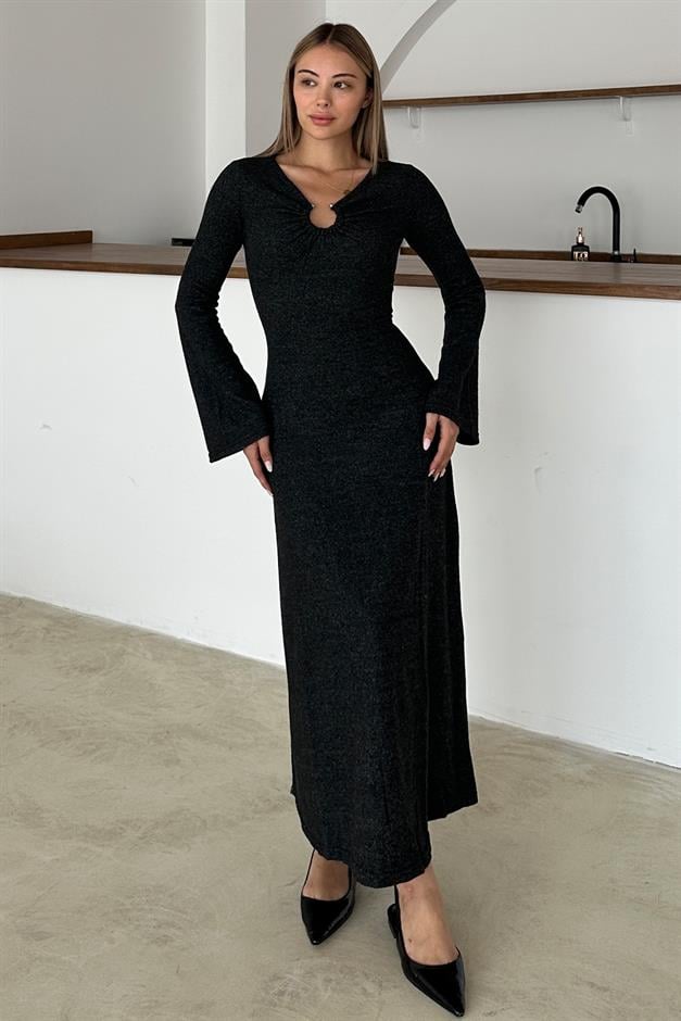Önü Aksesuarlı Örme Elbise ANTRASİT 9367-E