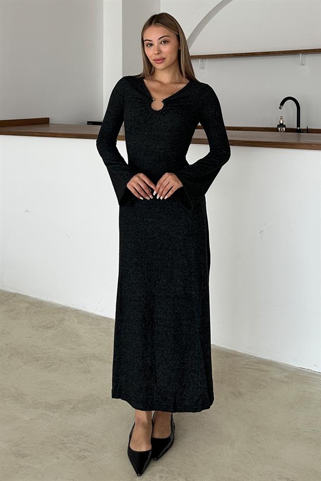 Önü Aksesuarlı Örme Elbise ANTRASİT 9367-E