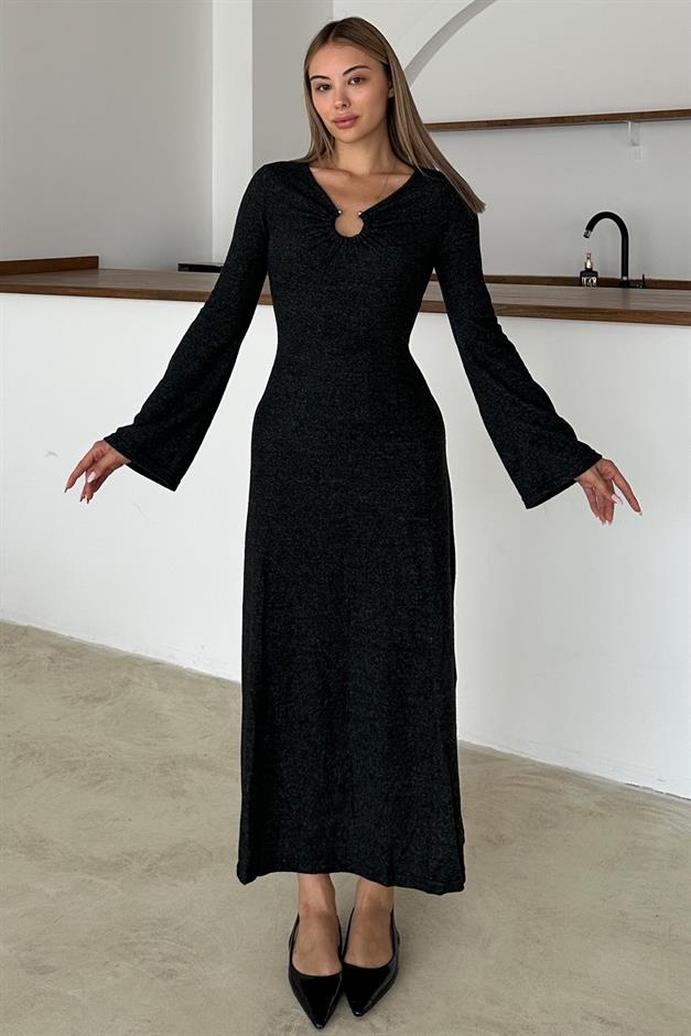 Önü Aksesuarlı Örme Elbise ANTRASİT 9367-E