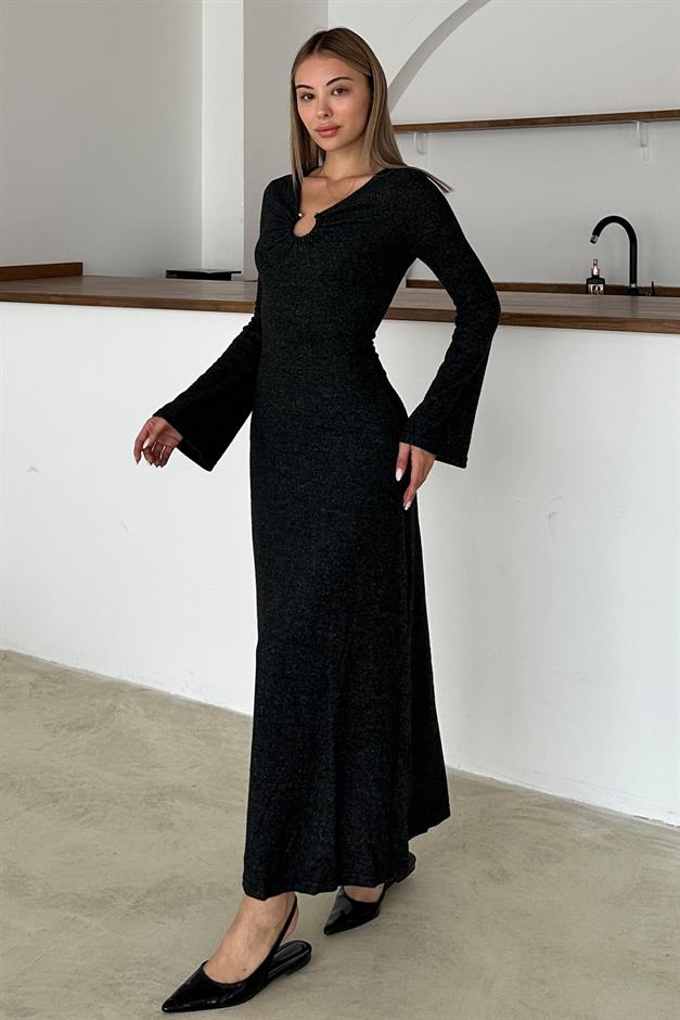 Önü Aksesuarlı Örme Elbise ANTRASİT 9367-E