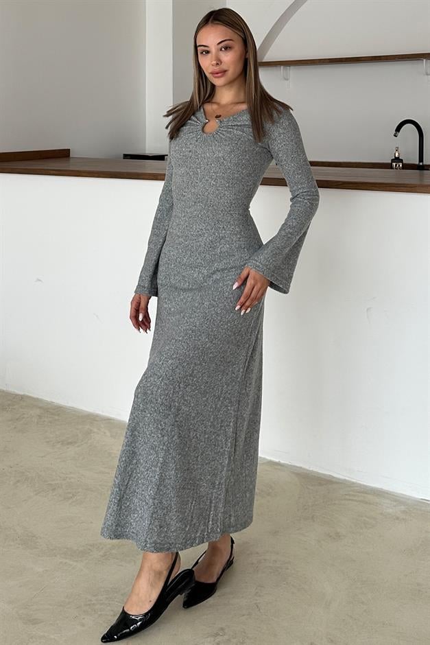 Knitted Dress with Front Accessory GREY 9367-E