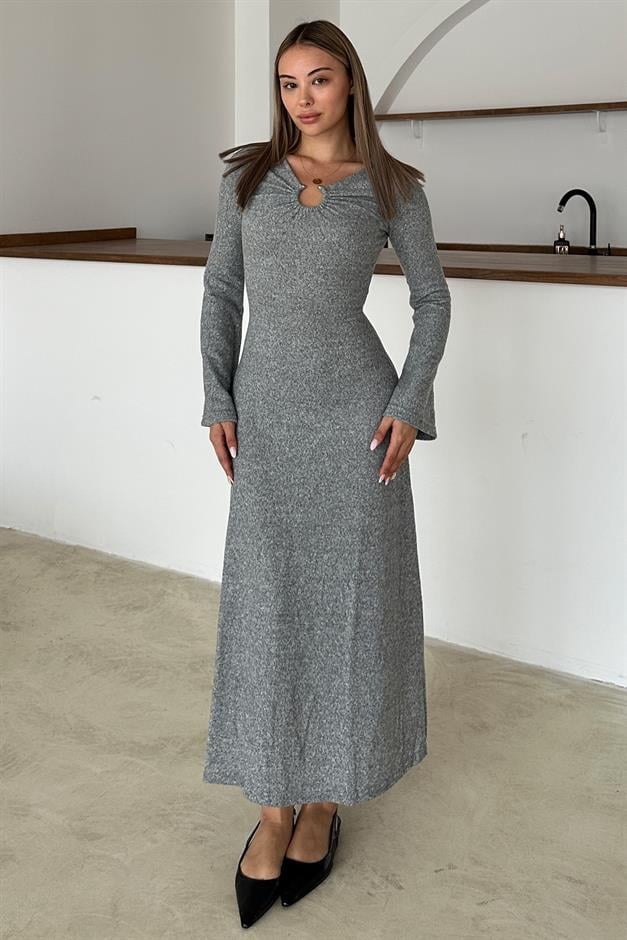 Knitted Dress with Front Accessory GREY 9367-E