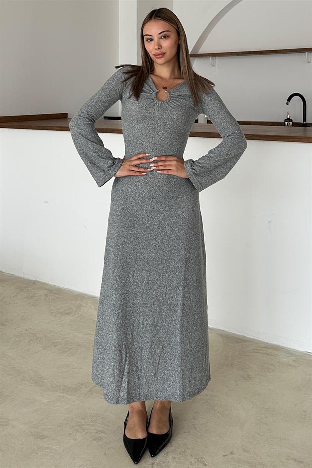 Knitted Dress with Front Accessory GREY 9367-E