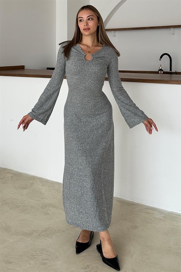 Knitted Dress with Front Accessory GREY 9367-E