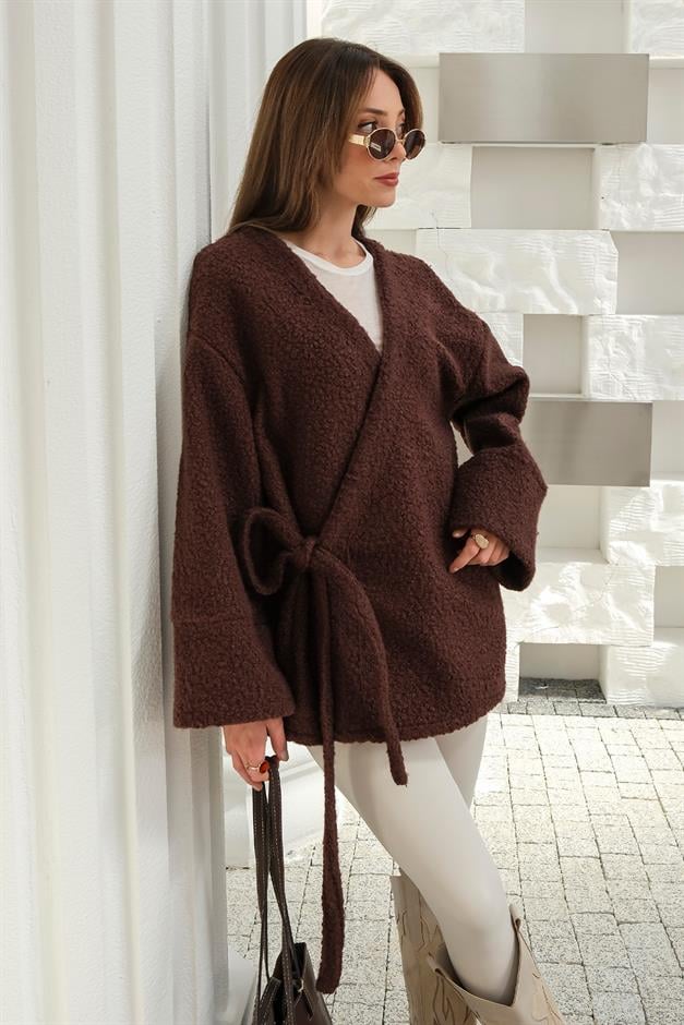 Tie Front Boucle Kimono Jacket COFFEE 8265