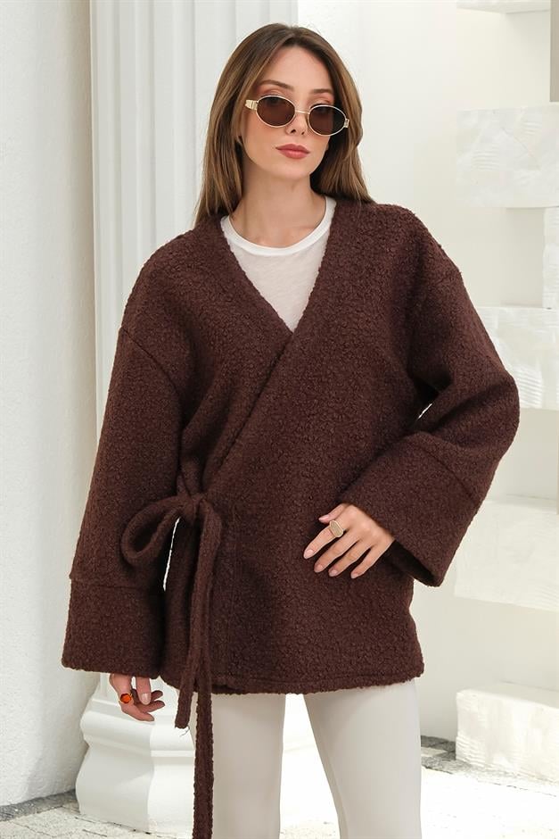 Tie Front Boucle Kimono Jacket COFFEE 8265