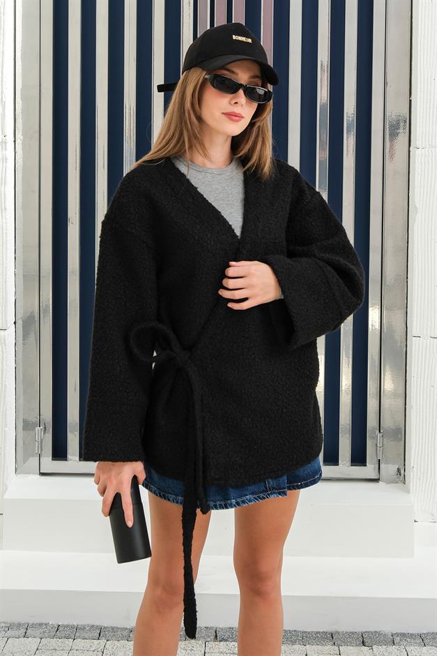 Tie Front Boucle Kimono Jacket BLACK 8265