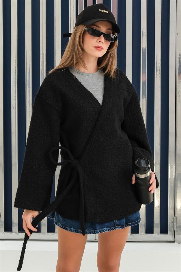 Tie Front Boucle Kimono Jacket BLACK 8265