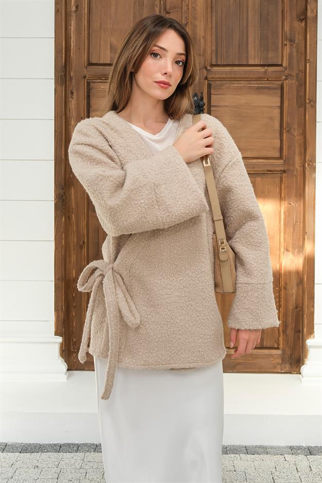 Tie Front Boucle Kimono Jacket STONE 8265