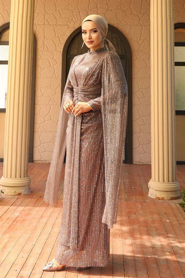 فستان سهرة حجابي مزين بالترتر مع تفاصيل كيب برباط أمامي أ. القهوة 1027