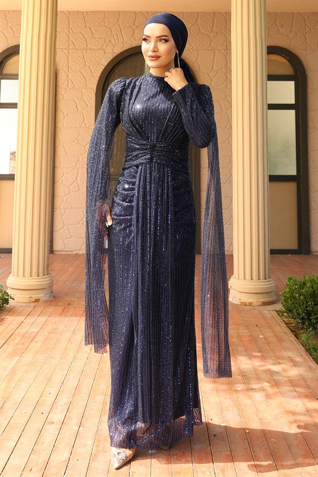 فستان سهرة حجابي مزين بالترتر مع تفاصيل كيب برباط أمامي الأزرق الداكن 1027