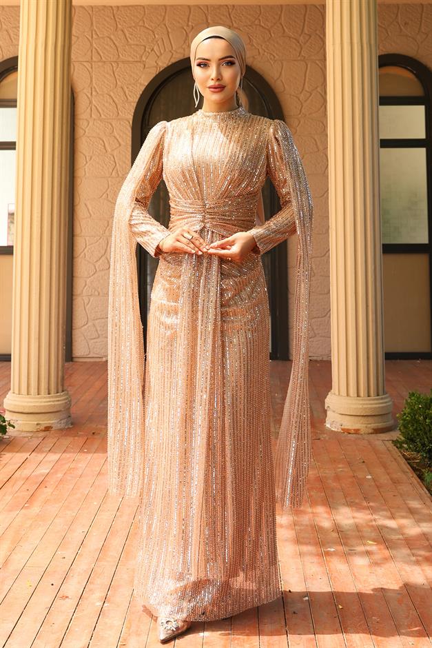 فستان سهرة حجابي مزين بالترتر مع تفاصيل كيب برباط أمامي كامل 1027