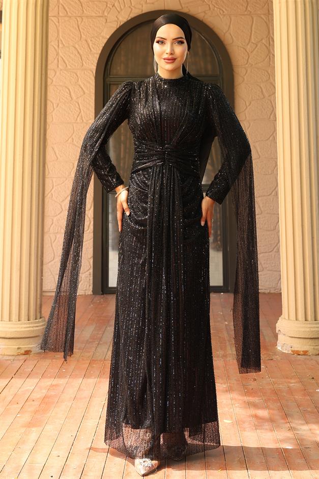 فستان سهرة حجابي مزين بالترتر مع تفاصيل كيب برباط أمامي أسود 1027