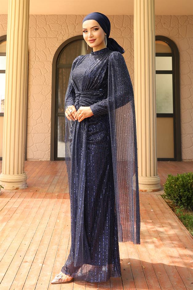فستان سهرة حجابي مزين بالترتر مع تفاصيل كيب برباط أمامي الأزرق الداكن 1027