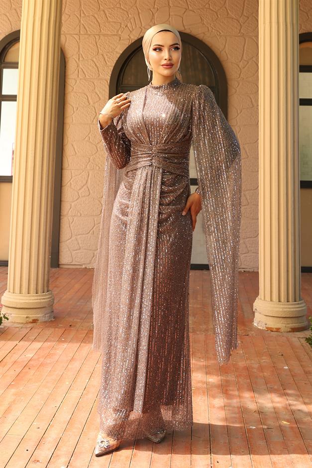 فستان سهرة حجابي مزين بالترتر مع تفاصيل كيب برباط أمامي أ. القهوة 1027