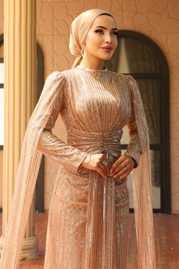 فستان سهرة حجابي مزين بالترتر مع تفاصيل كيب برباط أمامي كامل 1027