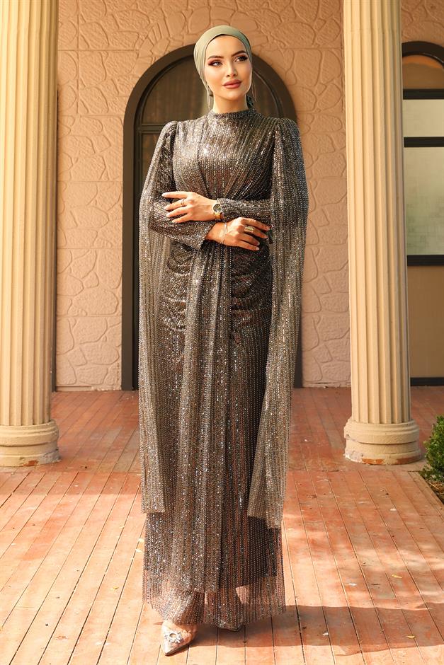 فستان سهرة حجابي مزين بالترتر مع تفاصيل كيب برباط أمامي قهوة 1027