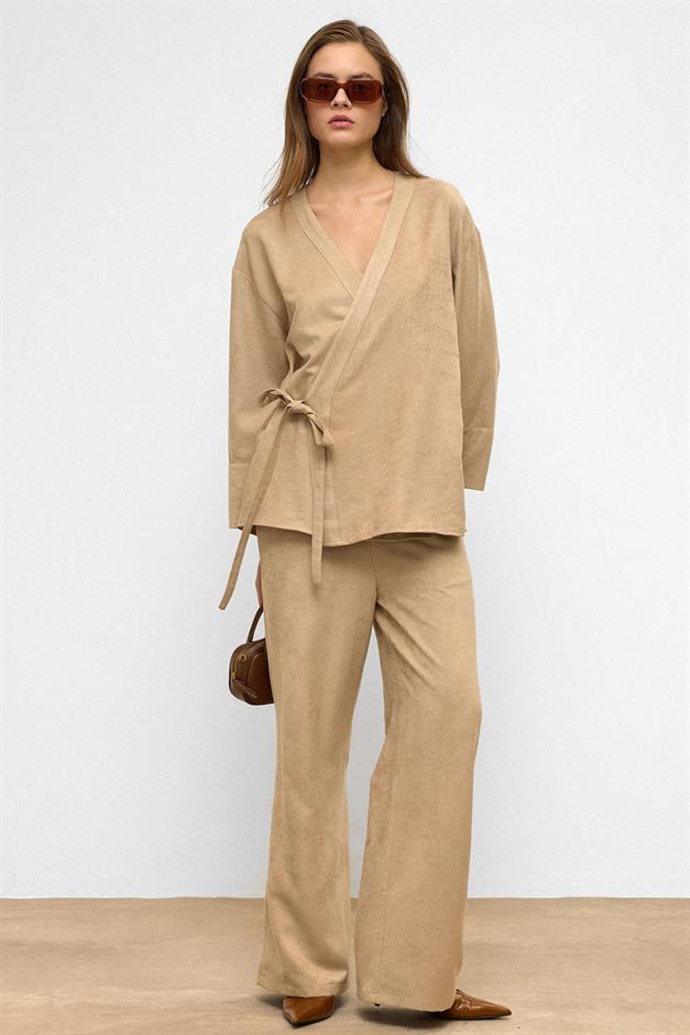Tied Front Suede Look Kimono Two Piece Set STONE 9366-TK