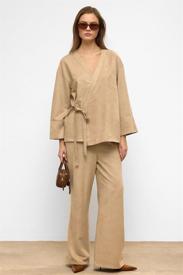 Tied Front Suede Look Kimono Two Piece Set STONE 9366-TK