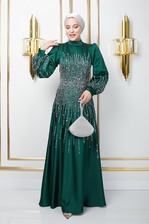 Satin Hijab Evening Dress with Stone Embellished Front GREEN 1670